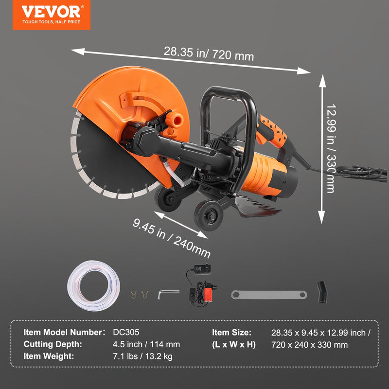 VEVOR 12" elektriskā betona zāģa mašīna – mitrā griešana ar ūdens sūkni un 2800W motoru