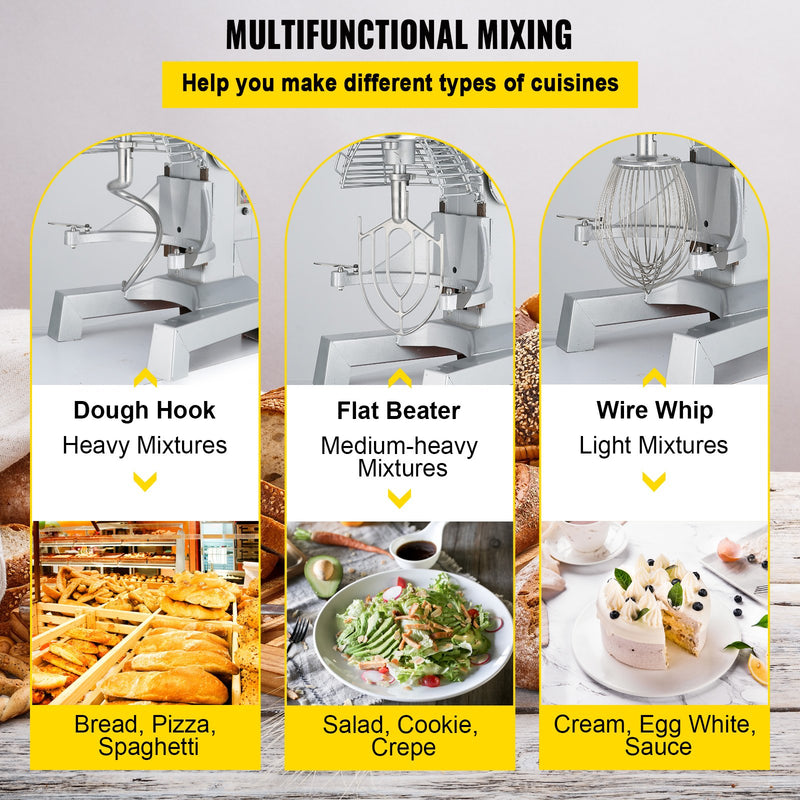 VEVOR Elektriskais Pārtikas Mikseris 30L, 1100W Komerciālais Mikseris Virtuvei, Regulējams, 220V