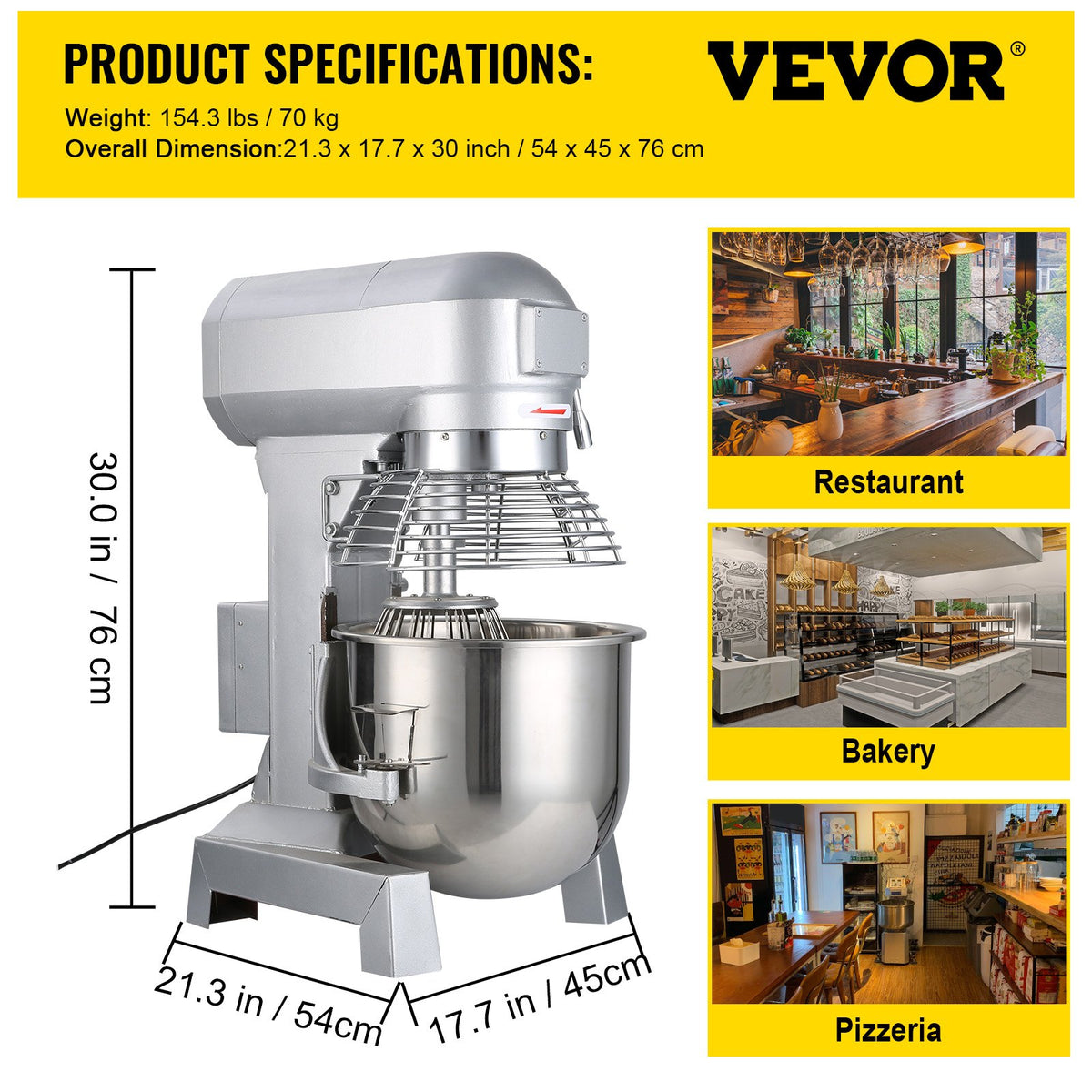 VEVOR komerciālais pārtikas mikseris 30 l, 1100 W, regulējams ātrums