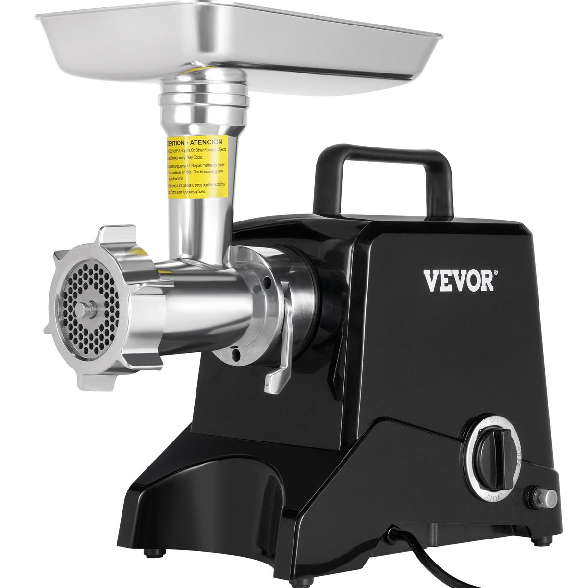 VEVOR elektriskā gaļas maļamā mašīna 575 W (maks. 1100 W), 190 kg/h, 2 asmeņi, 3 diski, desu pildītājs