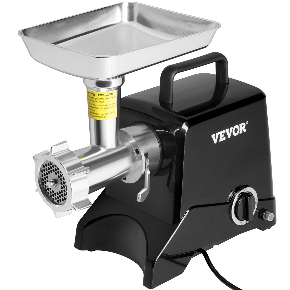VEVOR elektriskā gaļas maļamā mašīna 575 W (maks. 1100 W), 190 kg/h, 2 asmeņi, 3 diski, desu pildītājs