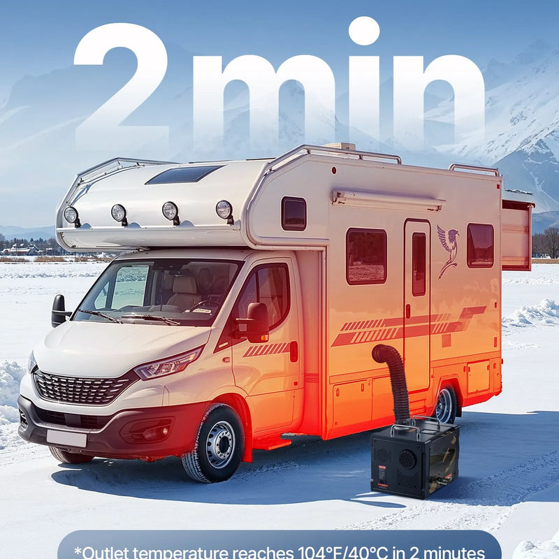 Dīzeļsildītājs 8 kW, 220V un 12/24 V, pārnēsājams ar Bluetooth vadību, tālvadības pulti, LCD ekrānu un 7 l tvertni