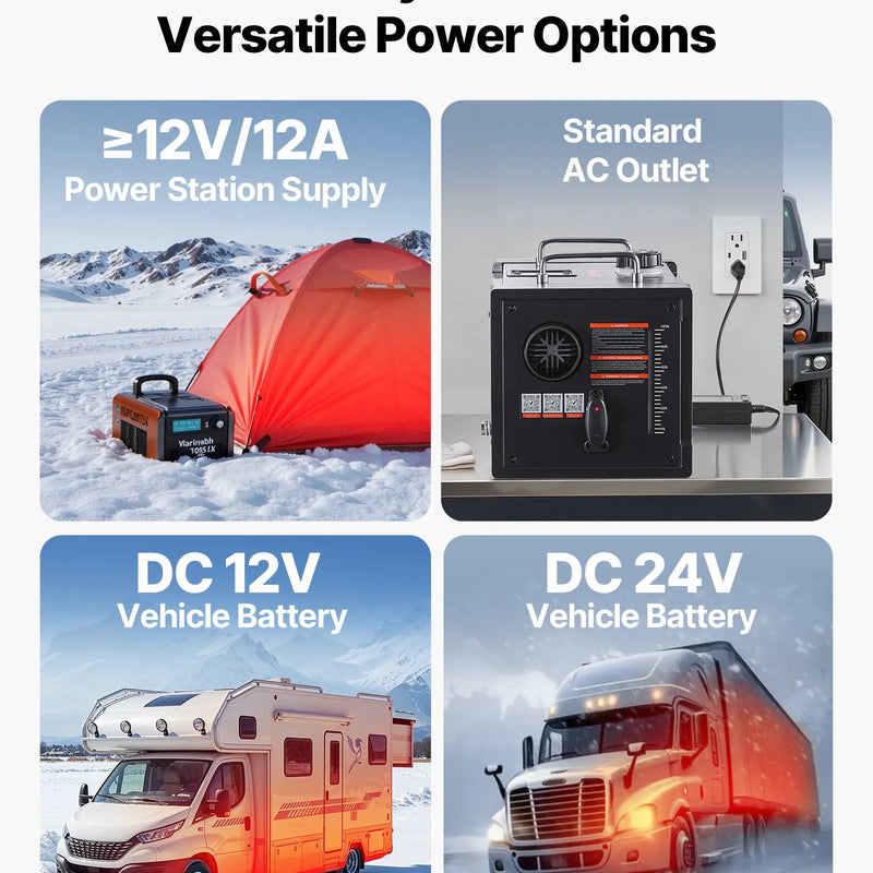 Dīzeļsildītājs 8 kW, 220V un 12/24 V, pārnēsājams ar Bluetooth vadību, tālvadības pulti, LCD ekrānu un 7 l tvertni