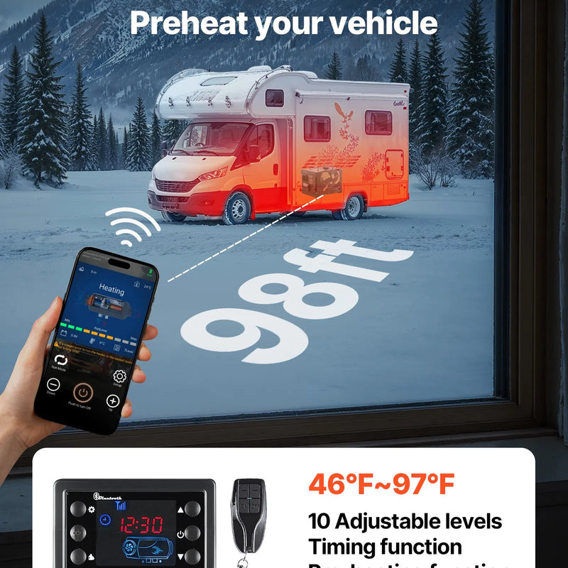 Dīzeļsildītājs 8 kW, 220V un 12/24 V, pārnēsājams ar Bluetooth vadību, tālvadības pulti, LCD ekrānu un 7 l tvertni