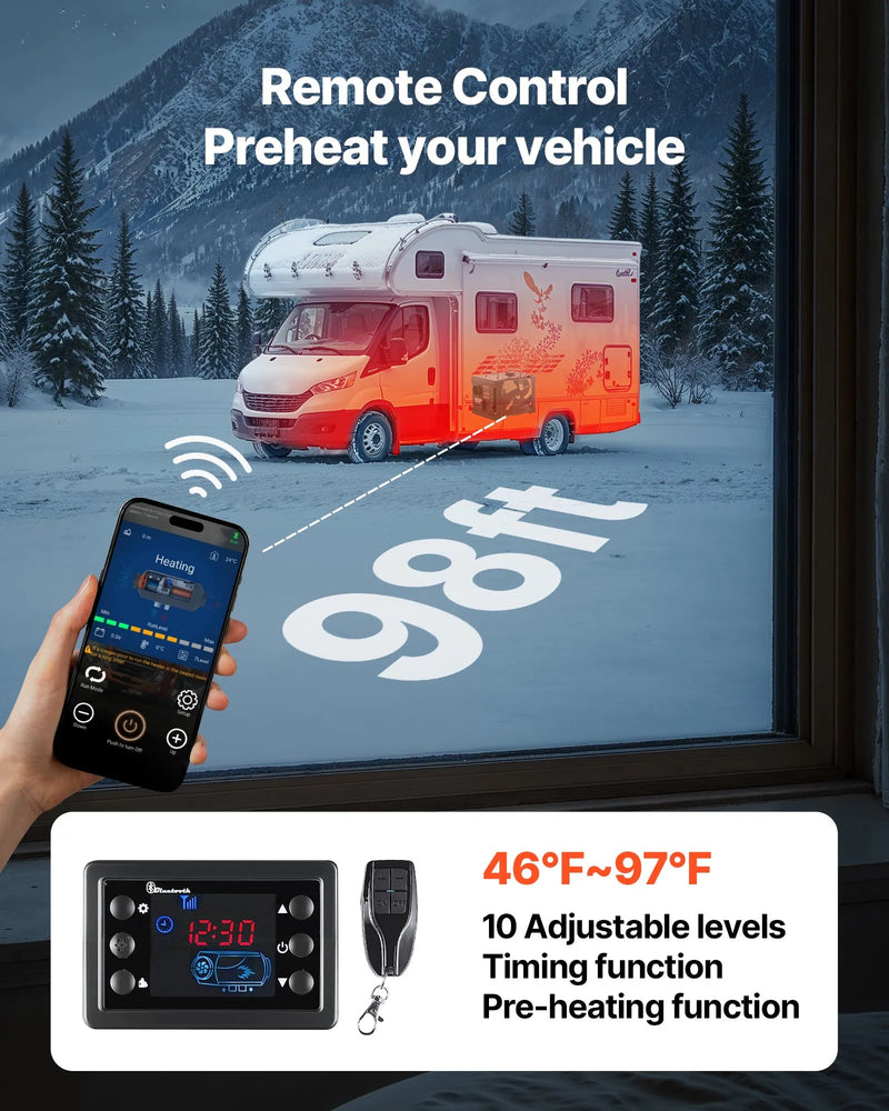 Dīzeļsildītājs 8 kW, 12/24 V, pārnēsājams ar Bluetooth vadību, tālvadības pulti, LCD ekrānu un 7 l tvertni