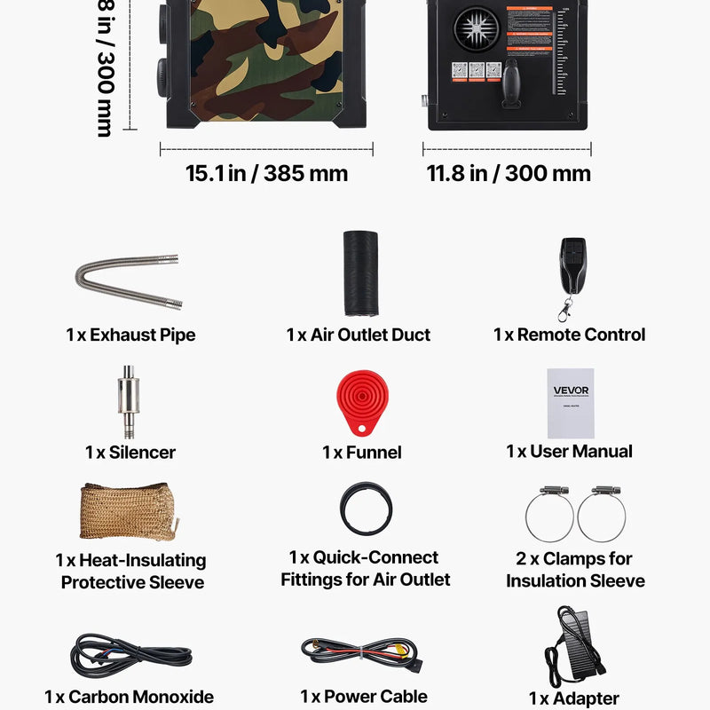 Dīzeļsildītājs 8 kW, 220V un 12/24 V, pārnēsājams ar Bluetooth vadību, tālvadības pulti, LCD ekrānu un 7 l tvertni