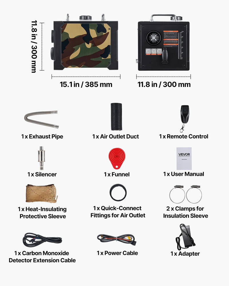 Dīzeļsildītājs 8 kW, 12/24 V, pārnēsājams ar Bluetooth vadību, tālvadības pulti, LCD ekrānu un 7 l tvertni