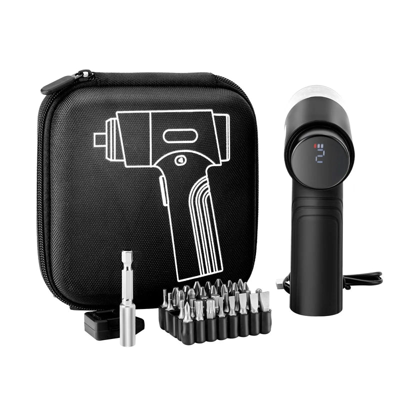 VEVOR elektriskais skrūvgriezis ar 7 griezes momenta iestatījumiem (0,5–5 N·m), 2500 mAh akumulatoru, 32 gab. 1/4 collu uzgaļu komplektu, digitālo displeju, LED apgaismojumu un Type-C uzlādi, piemērots mēbeļu un elektroiekārtu remontam