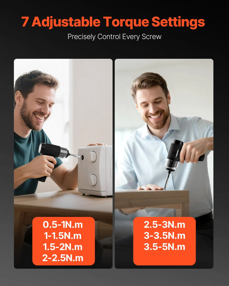 VEVOR elektriskais skrūvgriezis ar 7 griezes momenta iestatījumiem (0,5–5 N·m), 2500 mAh akumulatoru, 32 gab. 1/4 collu uzgaļu komplektu, digitālo displeju, LED apgaismojumu un Type-C uzlādi, piemērots mēbeļu un elektroiekārtu remontam