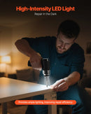 VEVOR elektriskais skrūvgriezis ar 7 griezes momenta iestatījumiem (0,5–5 N·m), 2500 mAh akumulatoru, 32 gab. 1/4 collu uzgaļu komplektu, digitālo displeju, LED apgaismojumu un Type-C uzlādi, piemērots mēbeļu un elektroiekārtu remontam