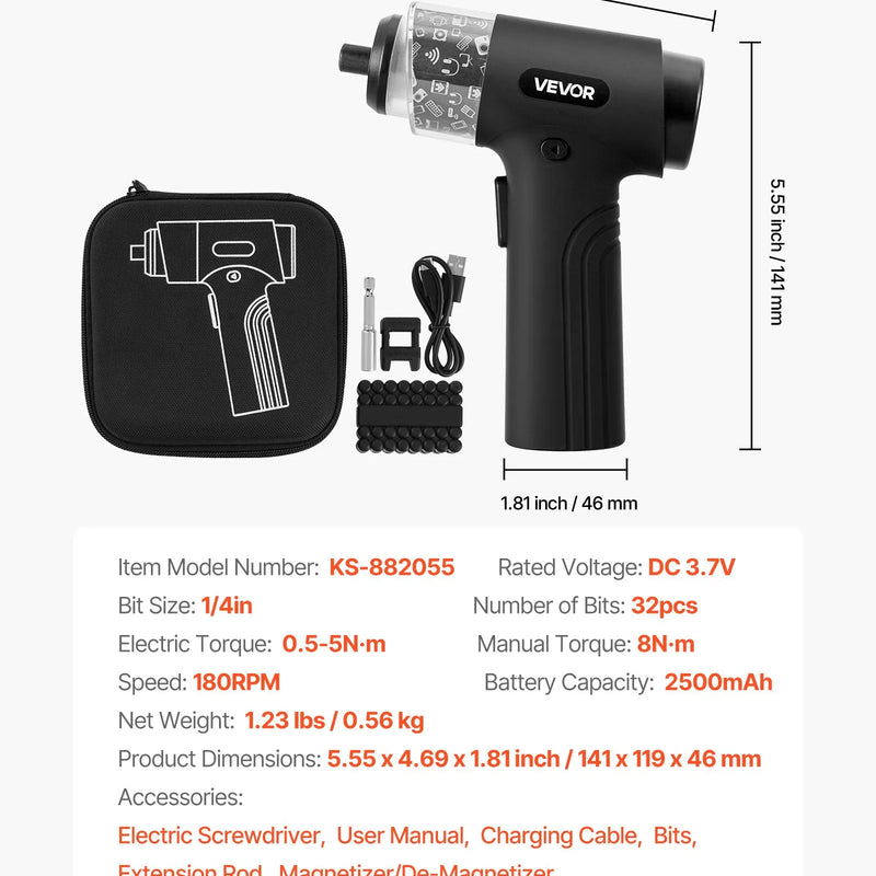 VEVOR elektriskais skrūvgriezis ar 7 griezes momenta iestatījumiem (0,5–5 N·m), 2500 mAh akumulatoru, 32 gab. 1/4 collu uzgaļu komplektu, digitālo displeju, LED apgaismojumu un Type-C uzlādi, piemērots mēbeļu un elektroiekārtu remontam