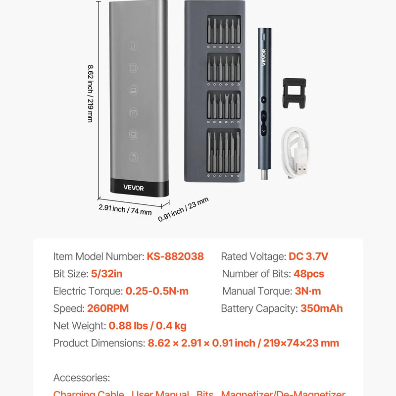 VEVOR elektriskais precīzijas skrūvgriežu komplekts ar 48 magnētiskiem uzgaļiem, mini elektrisko skrūvgriezi un magnētisku uzglabāšanas kārbu, S2 tērauda uzgaļiem, LED apgaismojumu un Type-C uzlādi, piemērots telefonu, klēpjdatoru un elektronikas remontam
