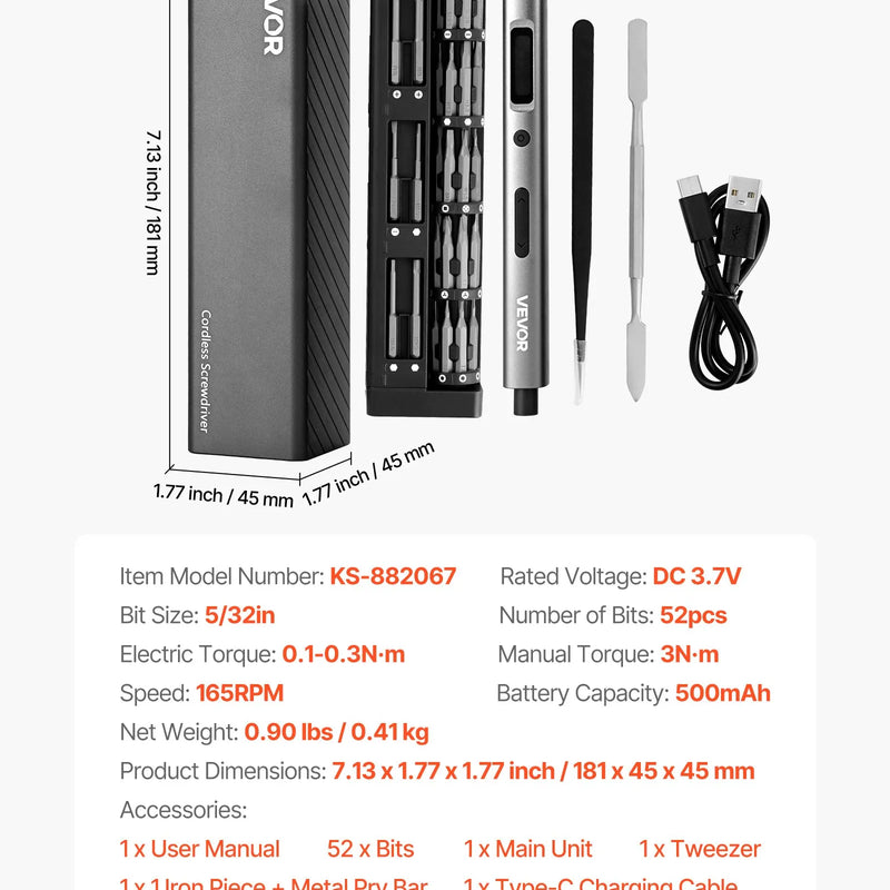 VEVOR elektriskais precīzais skrūvgriežu komplekts, mini elektriskais skrūvgriezis ar 52 magnētiskiem uzgaļiem no S2 tērauda, magnētiska uzglabāšanas kārba, LED apgaismojums, Type-C uzlāde elektronikas remontam