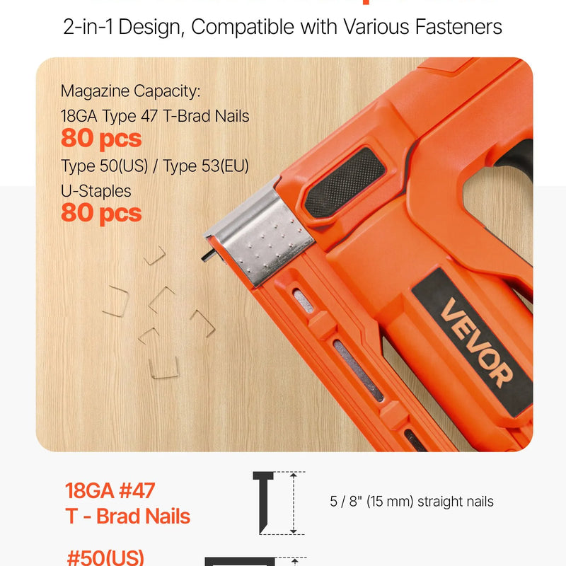VEVOR bezvadu bradu naglotājs 2-in-1 (naglu un skavu pistole), 18 GA līdz 15 mm, komplektā 1000 skavas un 1000 naglas, ar akumulatoru un lādētāju, neslīdošs gumijots rokturis kokapstrādes un DIY projektiem