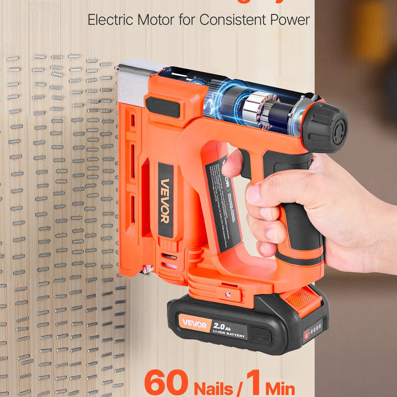 VEVOR bezvadu bradu naglotājs 2-in-1 (naglu un skavu pistole), 18 GA līdz 15 mm, komplektā 1000 skavas un 1000 naglas, ar akumulatoru un lādētāju, neslīdošs gumijots rokturis kokapstrādes un DIY projektiem