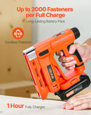 VEVOR bezvadu bradu naglotājs 2-in-1 (naglu un skavu pistole), 18 GA līdz 15 mm, komplektā 1000 skavas un 1000 naglas, ar akumulatoru un lādētāju, neslīdošs gumijots rokturis kokapstrādes un DIY projektiem