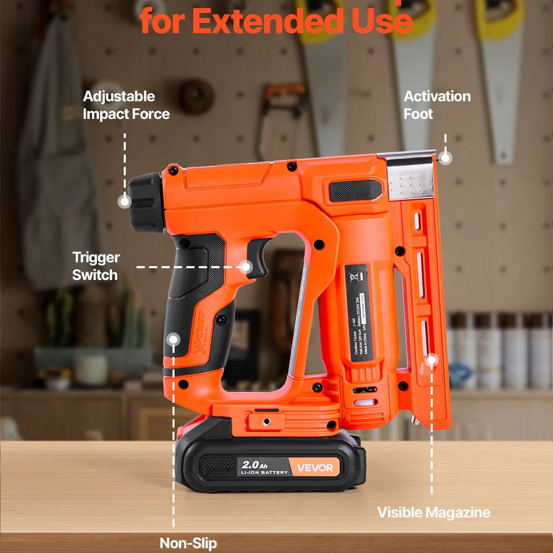 VEVOR bezvadu bradu naglotājs 2-in-1 (naglu un skavu pistole), 18 GA līdz 15 mm, komplektā 1000 skavas un 1000 naglas, ar akumulatoru un lādētāju, neslīdošs gumijots rokturis kokapstrādes un DIY projektiem
