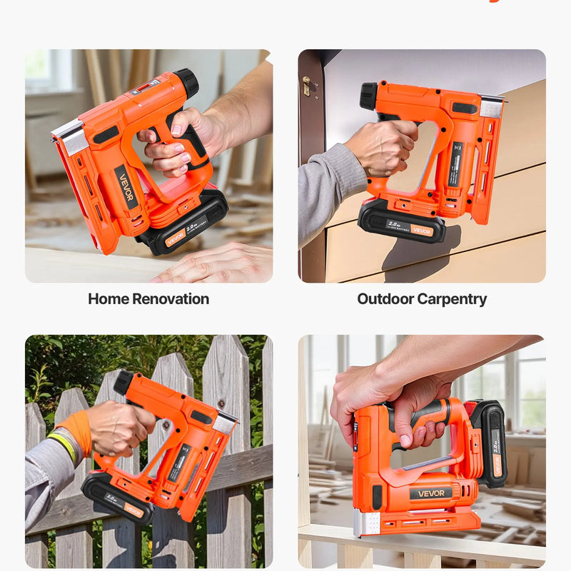 VEVOR bezvadu bradu naglotājs 2-in-1 (naglu un skavu pistole), 18 GA līdz 15 mm, komplektā 1000 skavas un 1000 naglas, ar akumulatoru un lādētāju, neslīdošs gumijots rokturis kokapstrādes un DIY projektiem