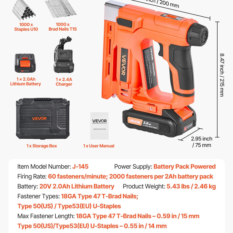 VEVOR bezvadu bradu naglotājs 2-in-1 (naglu un skavu pistole), 18 GA līdz 15 mm, komplektā 1000 skavas un 1000 naglas, ar akumulatoru un lādētāju, neslīdošs gumijots rokturis kokapstrādes un DIY projektiem