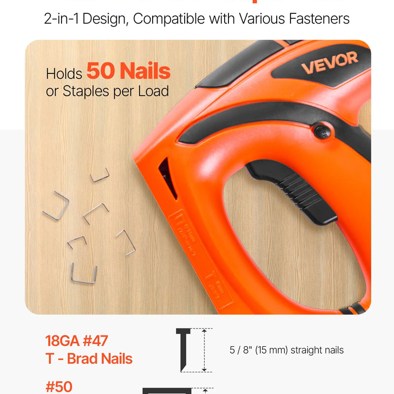 VEVOR elektriskais 2-in-1 naglotājs un skavotājs, 18. kalibra (15 mm) naglu pistole ar 1000 skavām un 1000 naglām, neslīdošu gumijas rokturi, piemērots galdniecībai un DIY projektiem