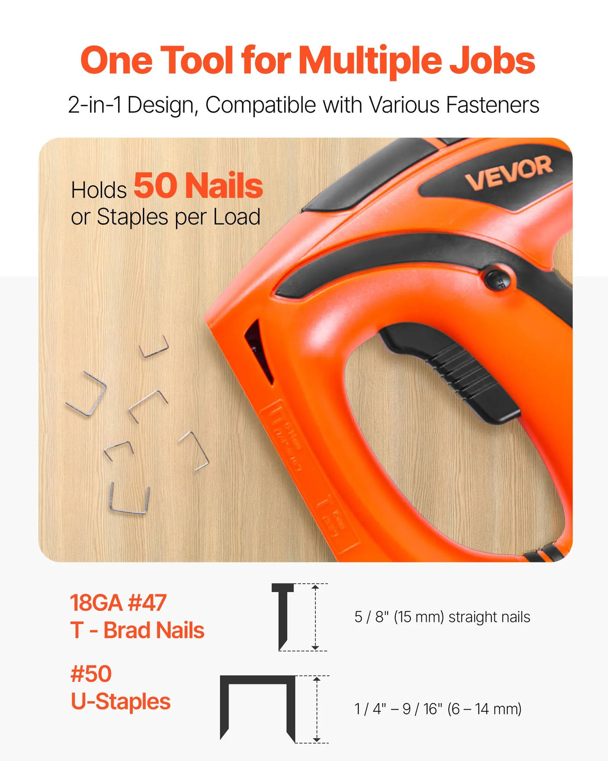 VEVOR Electric Nail and Staple Gun 2 in 1, 18 G (1.2 mm) Nails up to 15 mm, Includes 1000 Staples and 1000 Nails, with Anti-Slip Rubber Handle, Suitable for Woodworking and DIY Projects