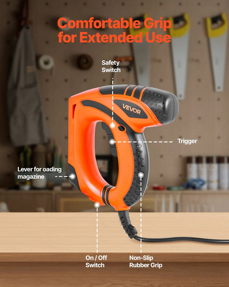 VEVOR elektriskā naglu un skavu pistole 2 in 1, 18 G (1,2 mm) naglas līdz 15 mm, komplektā 1000 skavas un 1000 naglas, ar pretbuksēšanas gumijas rokturi, piemērota kokapstrādei un DIY projektiem