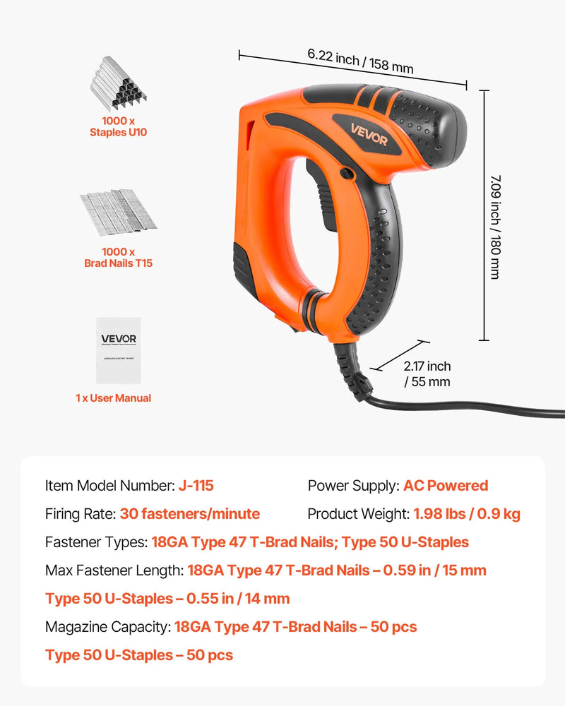 VEVOR elektriskais 2-in-1 naglotājs un skavotājs, 18. kalibra (15 mm) naglu pistole ar 1000 skavām un 1000 naglām, neslīdošu gumijas rokturi, piemērots galdniecībai un DIY projektiem