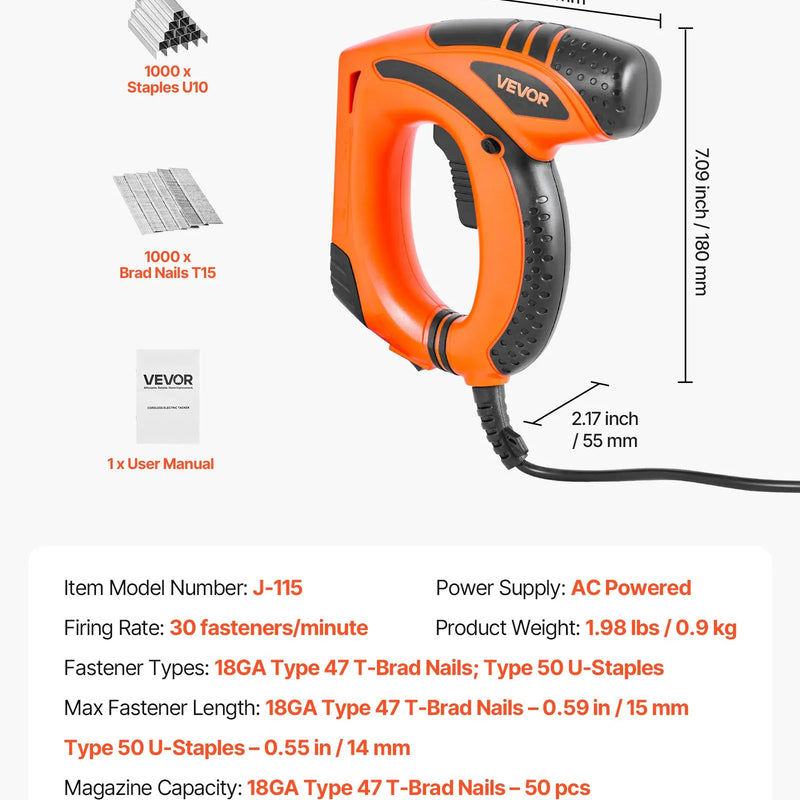 VEVOR elektriskā naglu un skavu pistole 2 in 1, 18 G (1,2 mm) naglas līdz 15 mm, komplektā 1000 skavas un 1000 naglas, ar pretbuksēšanas gumijas rokturi, piemērota kokapstrādei un DIY projektiem