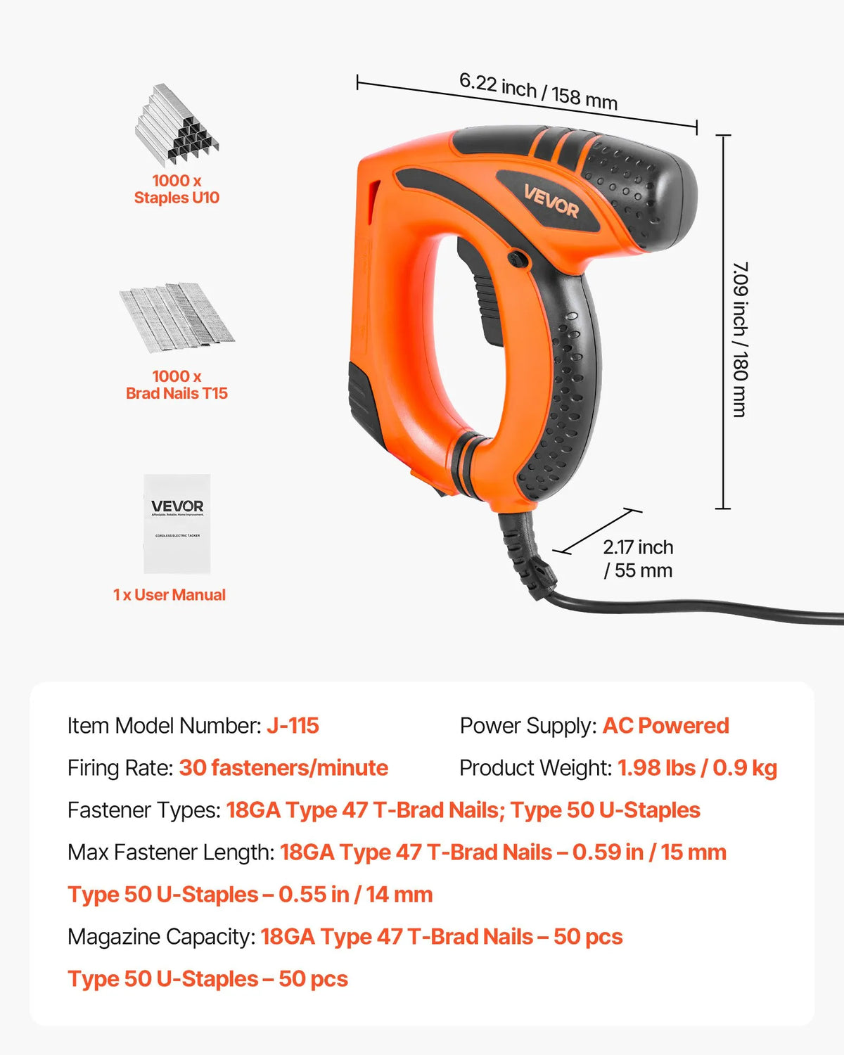 VEVOR Electric Nail and Staple Gun 2 in 1, 18 G (1.2 mm) Nails up to 15 mm, Includes 1000 Staples and 1000 Nails, with Anti-Slip Rubber Handle, Suitable for Woodworking and DIY Projects