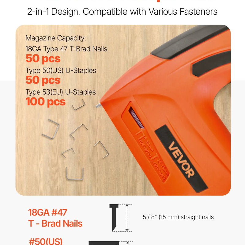 VEVOR bezvadu bradu naglotājs 2-in-1 (naglu un skavu pistole), 18 GA līdz 15 mm, ar 1000 skavām un 1000 naglām, akumulatora barošana, neslīdošs gumijots rokturis kokapstrādei, galdniecībai un DIY projektiem