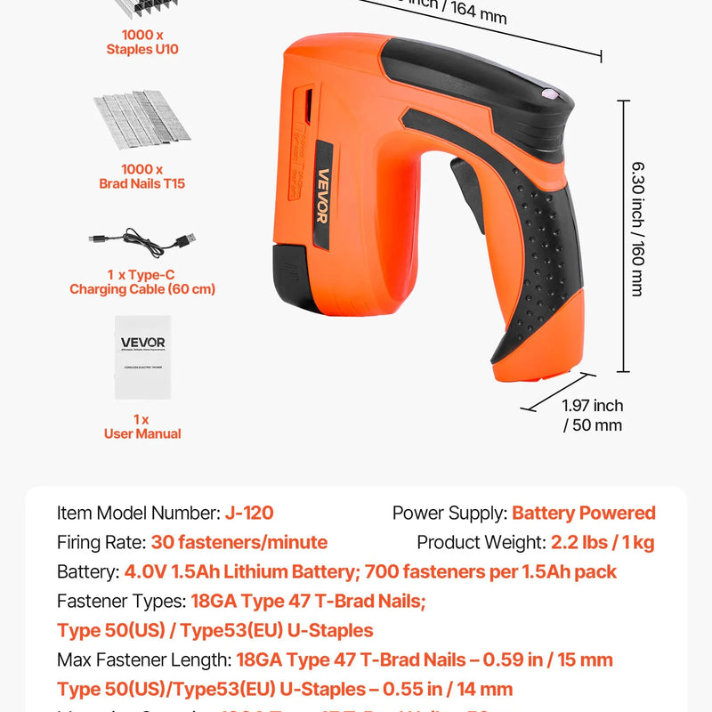 VEVOR bezvadu bradu naglotājs 2-in-1 (naglu un skavu pistole), 18 GA līdz 15 mm, ar 1000 skavām un 1000 naglām, akumulatora barošana, neslīdošs gumijots rokturis kokapstrādei, galdniecībai un DIY projektiem