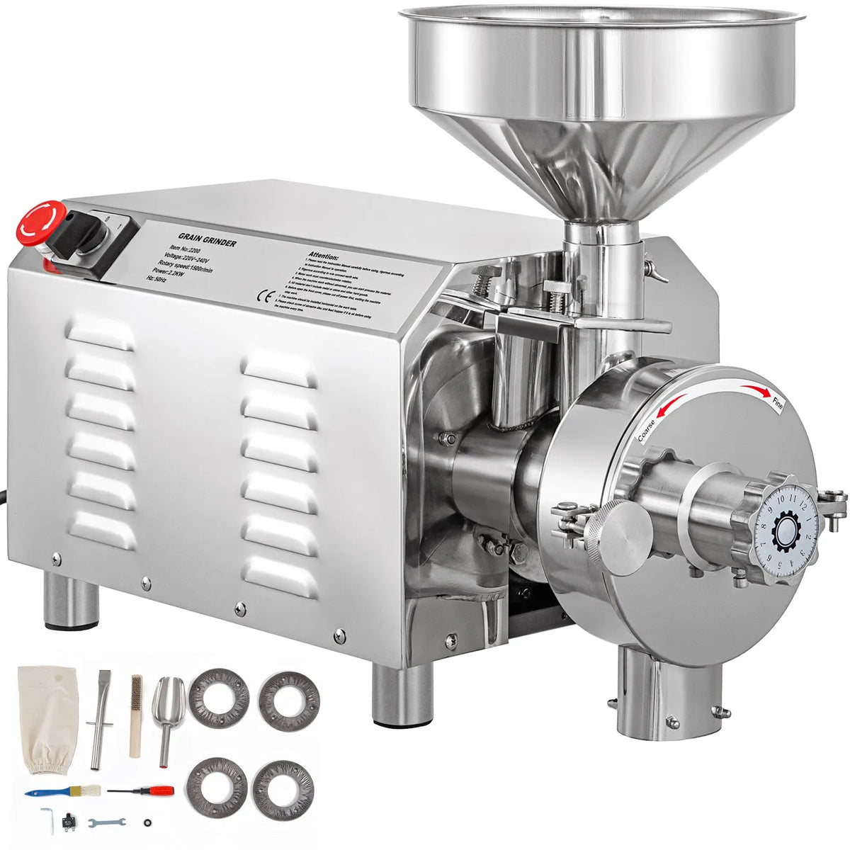 VEVOR Commercial Grain Mill 2.2 kW, 30–50 kg/h, 50 kg Capacity, Stainless Steel