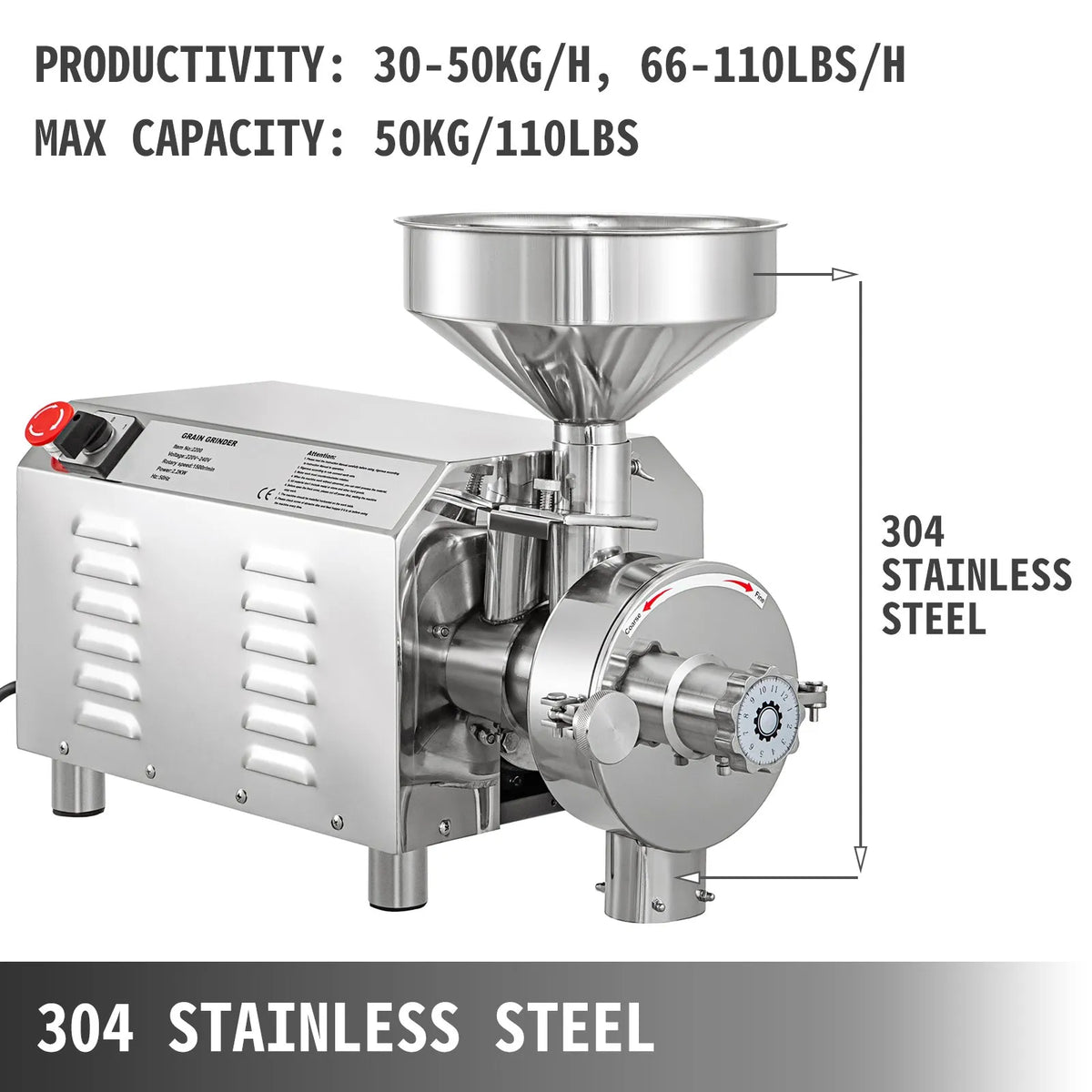 VEVOR Commercial Grain Mill 2.2 kW, 30–50 kg/h, 50 kg Capacity, Stainless Steel