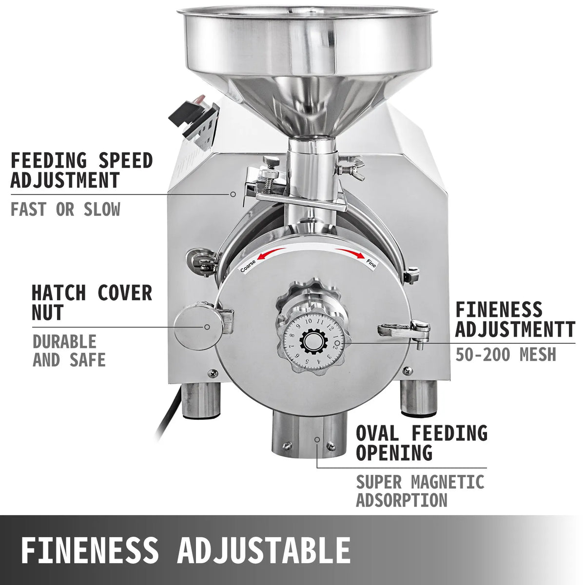 VEVOR Commercial Grain Mill 2.2 kW, 30–50 kg/h, 50 kg Capacity, Stainless Steel