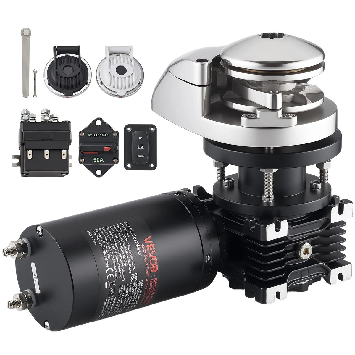 VEVOR Vertical Anchor Winch for Boats, 12 V DC 600 W, Suitable for 6.35 mm Chain or 14.3–15.9 mm Nylon Rope, Maximum Pull 320 kg, 316 Stainless Steel Construction, for Boats 6–11 m