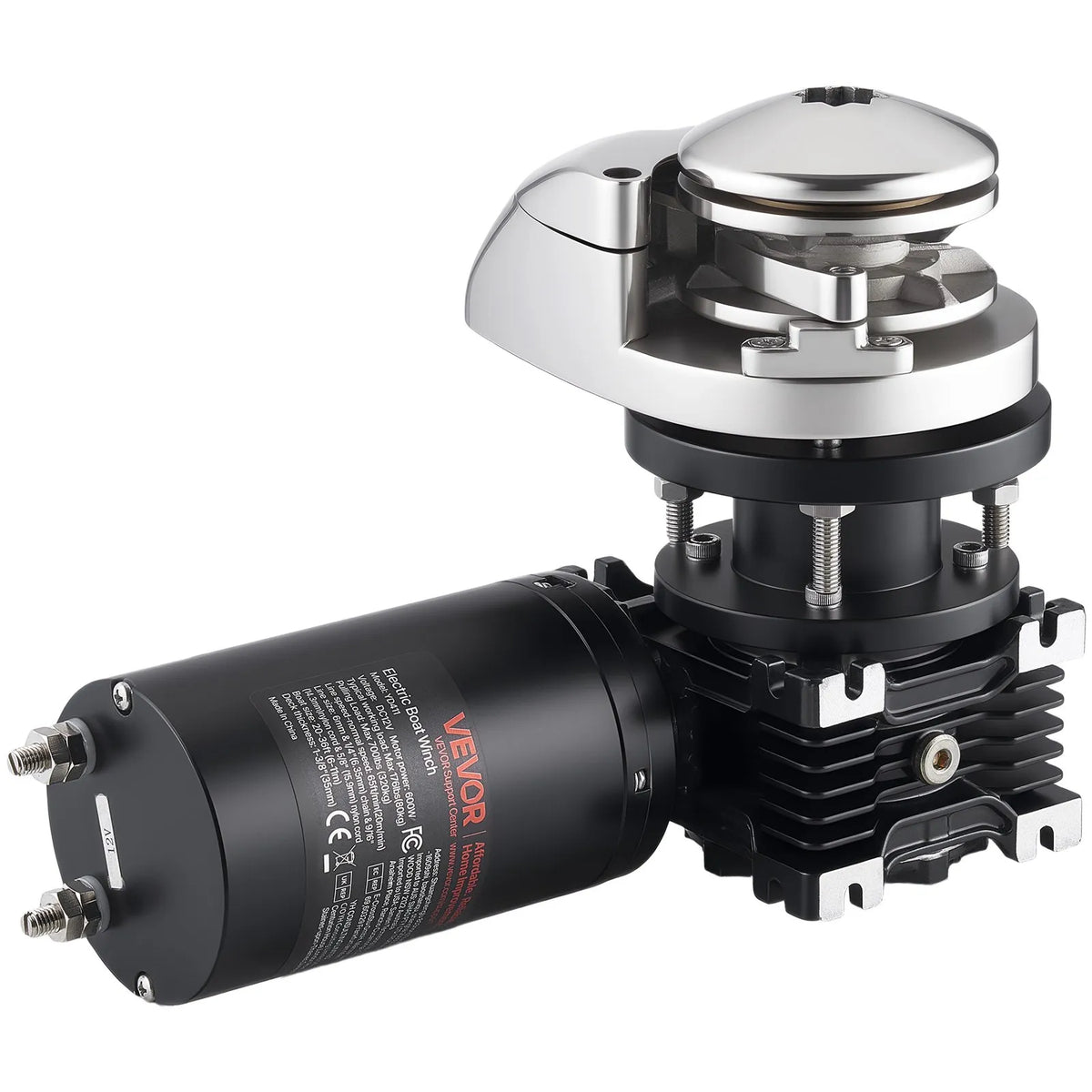VEVOR Vertical Anchor Winch for Boats, 12 V DC 600 W, Suitable for 6.35 mm Chain or 14.3–15.9 mm Nylon Rope, Maximum Pull 320 kg, 316 Stainless Steel Construction, for Boats 6–11 m
