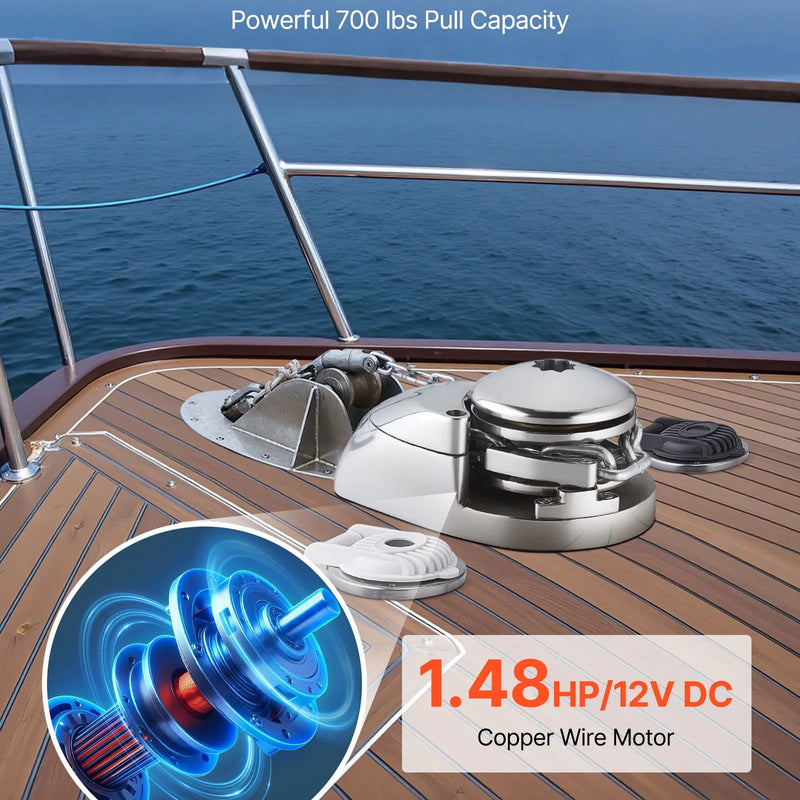 VEVOR vertikāla enkura vinča laivām, 12 V līdzstrāva 600 W, piemērota 6,35 mm ķēdei vai 14,3–15,9 mm neilona virvei, maksimālā vilkme 320 kg, 316 nerūsējošā tērauda konstrukcija, laivām 6–11 m
