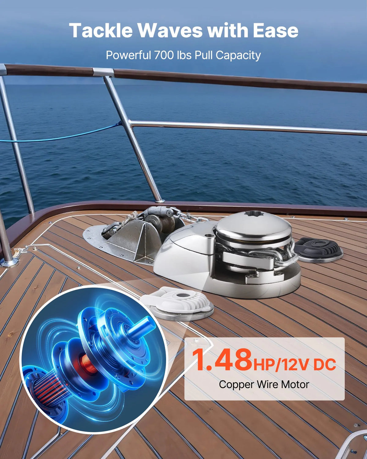 VEVOR Vertical Anchor Winch for Boats, 12 V DC 600 W, Suitable for 6.35 mm Chain or 14.3–15.9 mm Nylon Rope, Maximum Pull 320 kg, 316 Stainless Steel Construction, for Boats 6–11 m