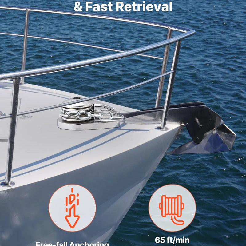 VEVOR vertikāla enkura vinča laivām, 12 V līdzstrāva 600 W, piemērota 6,35 mm ķēdei vai 14,3–15,9 mm neilona virvei, maksimālā vilkme 320 kg, 316 nerūsējošā tērauda konstrukcija, laivām 6–11 m