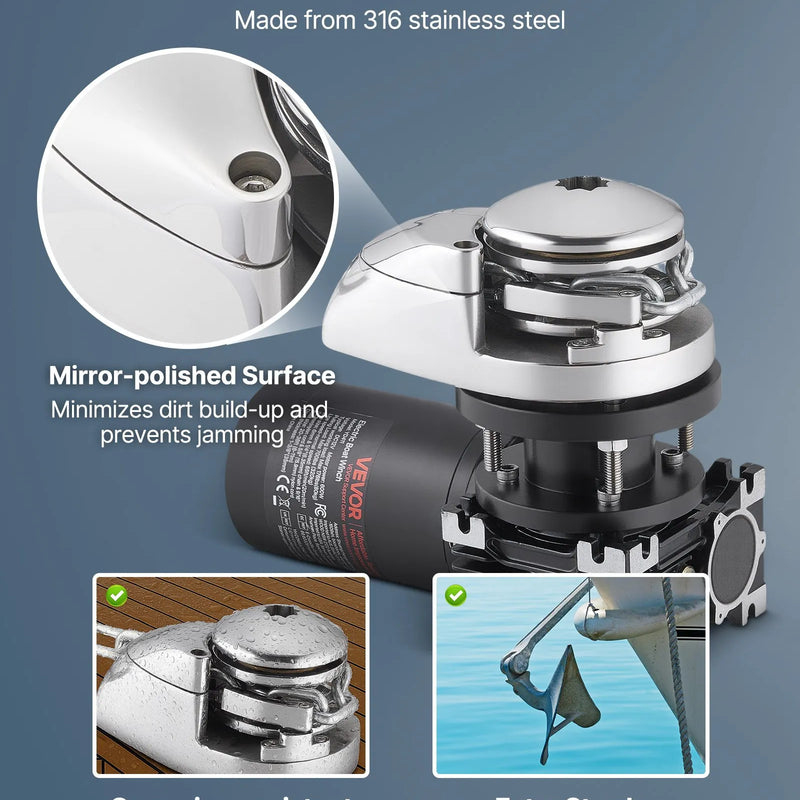 VEVOR vertikāla enkura vinča laivām, 12 V līdzstrāva 600 W, piemērota 6,35 mm ķēdei vai 14,3–15,9 mm neilona virvei, maksimālā vilkme 320 kg, 316 nerūsējošā tērauda konstrukcija, laivām 6–11 m