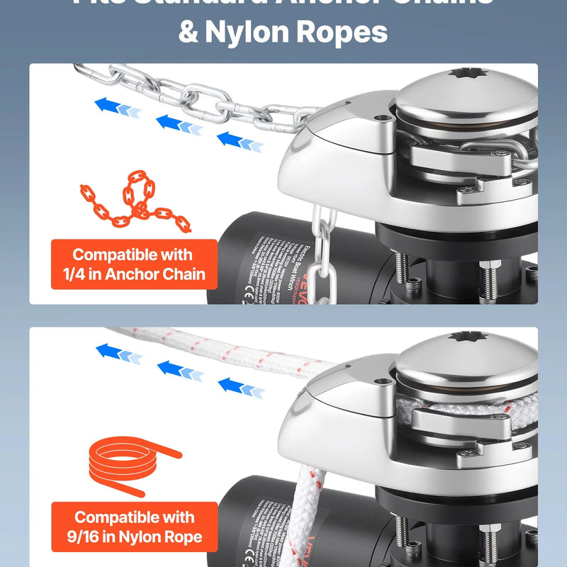 VEVOR vertikāla enkura vinča laivām, 12 V līdzstrāva 600 W, piemērota 6,35 mm ķēdei vai 14,3–15,9 mm neilona virvei, maksimālā vilkme 320 kg, 316 nerūsējošā tērauda konstrukcija, laivām 6–11 m