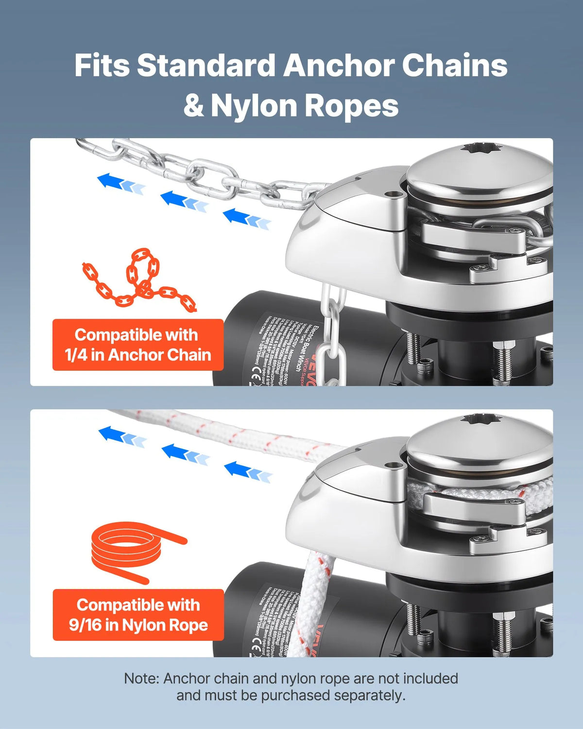 VEVOR Vertical Anchor Winch for Boats, 12 V DC 600 W, Suitable for 6.35 mm Chain or 14.3–15.9 mm Nylon Rope, Maximum Pull 320 kg, 316 Stainless Steel Construction, for Boats 6–11 m