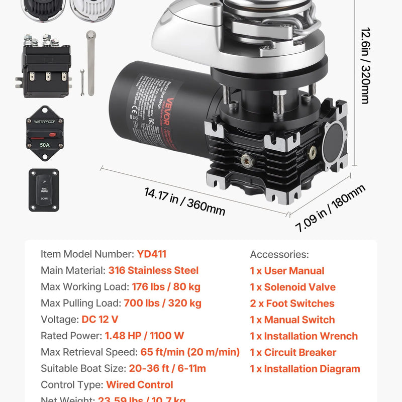 VEVOR vertikāla enkura vinča laivām, 12 V līdzstrāva 600 W, piemērota 6,35 mm ķēdei vai 14,3–15,9 mm neilona virvei, maksimālā vilkme 320 kg, 316 nerūsējošā tērauda konstrukcija, laivām 6–11 m