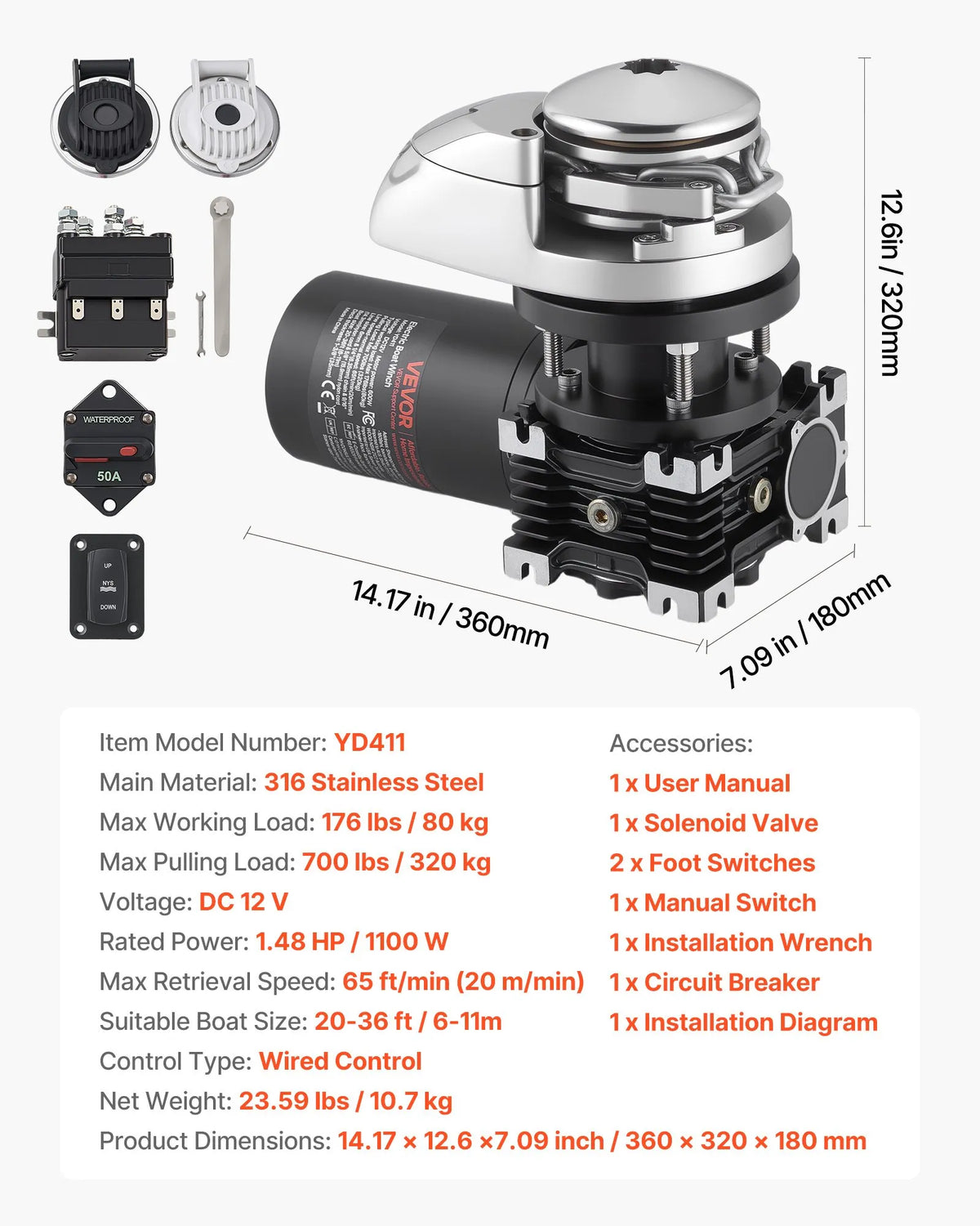 VEVOR Vertical Anchor Winch for Boats, 12 V DC 600 W, Suitable for 6.35 mm Chain or 14.3–15.9 mm Nylon Rope, Maximum Pull 320 kg, 316 Stainless Steel Construction, for Boats 6–11 m