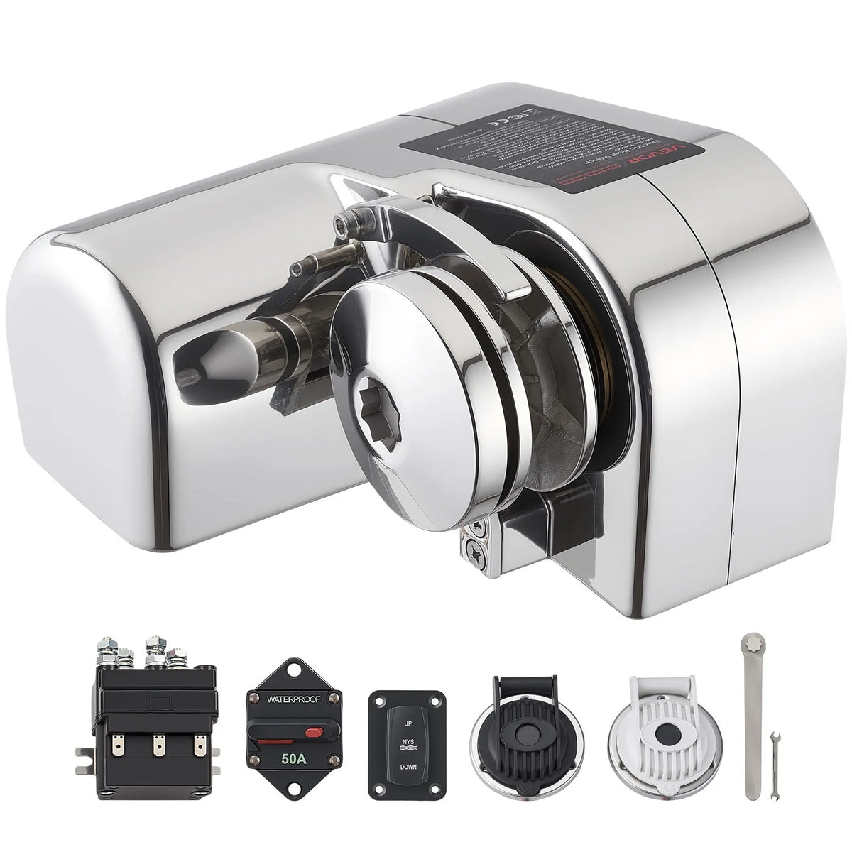 VEVOR Horizontal Anchor Winch for Boats, 12 V DC 600 W, for 6.35 mm Chain or 14.3–15.9 mm Nylon Rope, Maximum Pull 260 kg, 316 Stainless Steel, for Boats 7–9 m