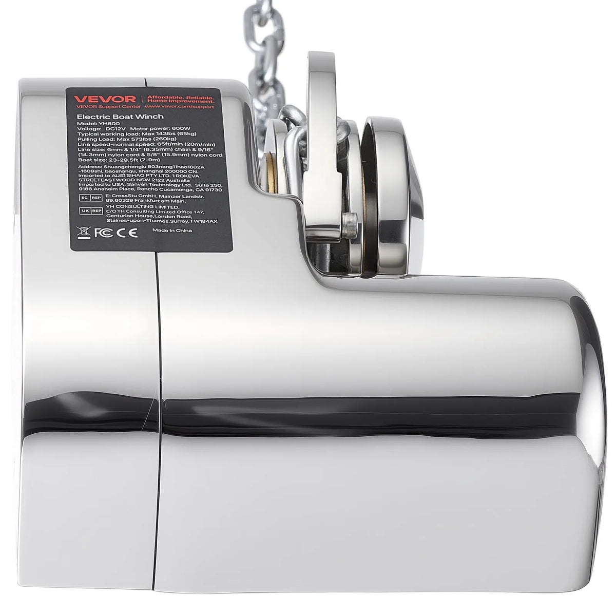 VEVOR Horizontal Anchor Winch for Boats, 12 V DC 600 W, for 6.35 mm Chain or 14.3–15.9 mm Nylon Rope, Maximum Pull 260 kg, 316 Stainless Steel, for Boats 7–9 m
