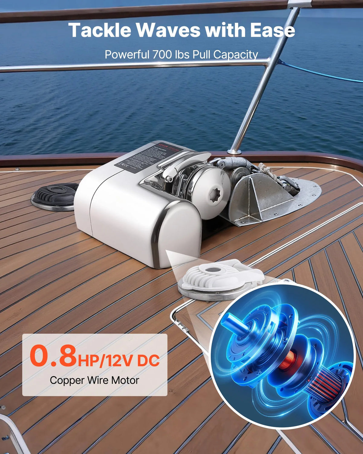 VEVOR Horizontal Anchor Winch for Boats, 12 V DC 600 W, for 6.35 mm Chain or 14.3–15.9 mm Nylon Rope, Maximum Pull 260 kg, 316 Stainless Steel, for Boats 7–9 m