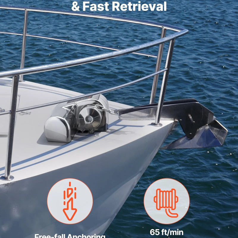 VEVOR horizontāla enkura vinča laivām, 12 V līdzstrāva 600 W, paredzēta 6,35 mm ķēdei vai 14,3–15,9 mm neilona virvei, maksimālā vilkme 260 kg, 316 nerūsējošais tērauds, laivām 7–9 m