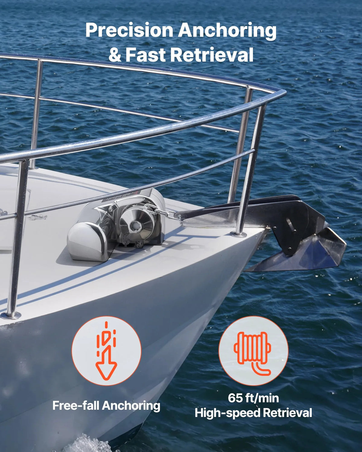 VEVOR Horizontal Anchor Winch for Boats, 12 V DC 600 W, for 6.35 mm Chain or 14.3–15.9 mm Nylon Rope, Maximum Pull 260 kg, 316 Stainless Steel, for Boats 7–9 m