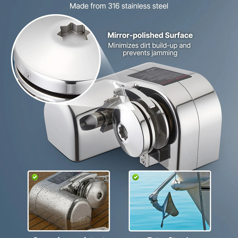 VEVOR horizontāla enkura vinča laivām, 12 V līdzstrāva 600 W, paredzēta 6,35 mm ķēdei vai 14,3–15,9 mm neilona virvei, maksimālā vilkme 260 kg, 316 nerūsējošais tērauds, laivām 7–9 m
